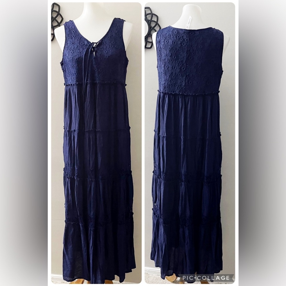 NY Collection Navy Tiered Maxi Dress with Crochet Bodice Boho Chic Preppy